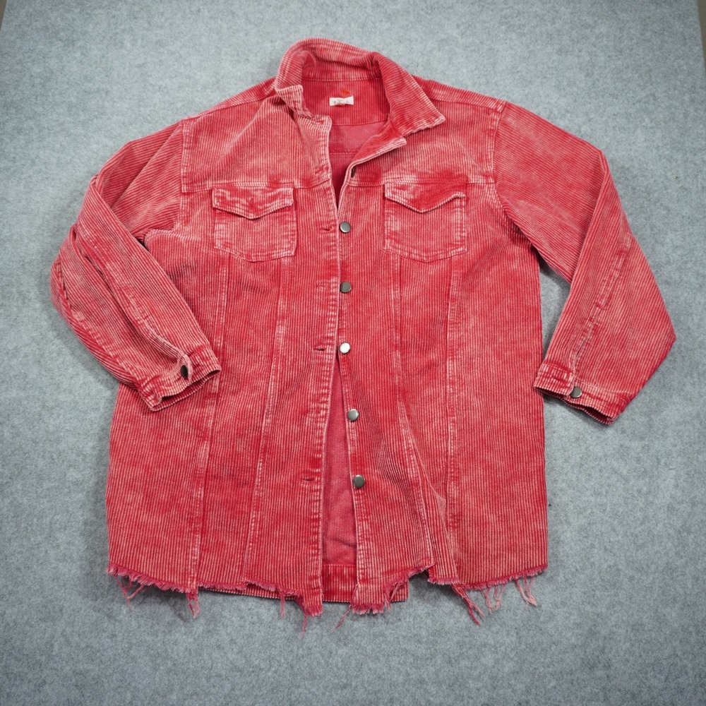 POL Red Corduroy Shacket Mineral Wash Raw Hem Button Down Jacket Boho Indie